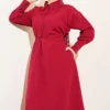 Tie Waist Terikoton Dress Burgundy all'ingrosso dress view 2 - Hicabistan fabbrica Turchia