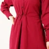 Tie Waist Terikoton Dress Burgundy all'ingrosso dress view 4 - Hicabistan fabbrica Turchia