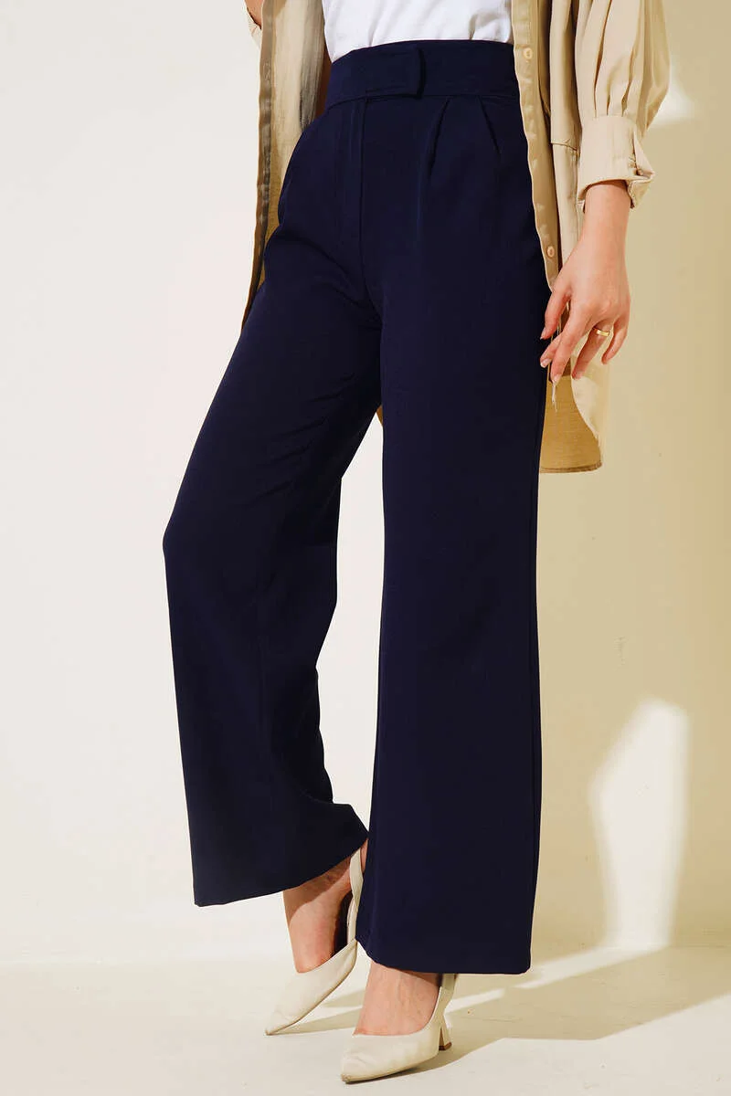 Belted Wide Leg Trousers Navy Blue all'ingrosso pants view 2 - Hicabistan fabbrica Turchia
