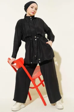 Elastic Waist Hidden Zipper Modal Set Black Großhandel clothing set - Hicabistan Türkei Fabrik