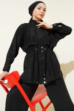 Elastic Waist Hidden Zipper Modal Set Black Großhandel clothing set view 2 - Hicabistan Türkei Fabrik