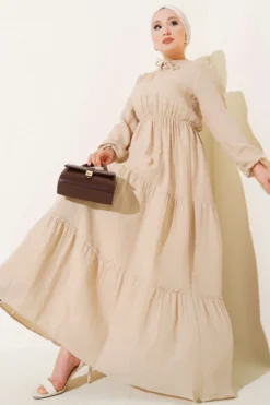 Waist Elastic Tiered Dress Beige
