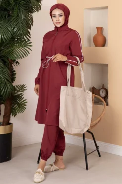 High-Waisted Modest Swimwear Burgundy