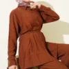 Belted Two-Piece Set Brown wholesale clothing set view 2 - Hicabistan Turkey factory