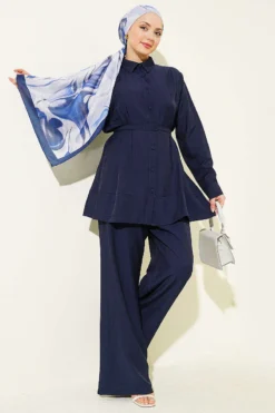 Belted Two-Piece Set Navy Blue