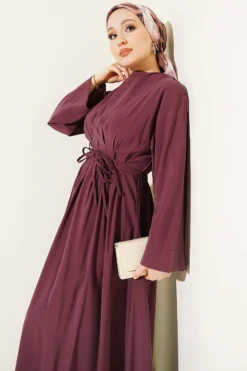 Belted Pleated Modal Dress Burgundy groothandel dress view 2 - Hicabistan Turkije fabriek