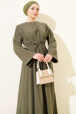 Belted Pleated Modal Dress Khaki groothandel dress view 2 - Hicabistan Turkije fabriek