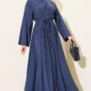 Belted Pleated Modal Dress Navy Blue بالجملة dress view 2 - Hicabistan مصنع تركيا