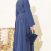 Belted Pleated Modal Dress Navy Blue بالجملة dress view 3 - Hicabistan مصنع تركيا