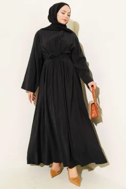 Belted Pleated Modal Dress Black groothandel dress - Hicabistan Turkije fabriek