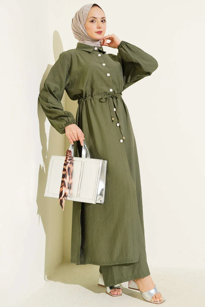 Belted Tunic with Buttons Long Two-Piece Set Khaki