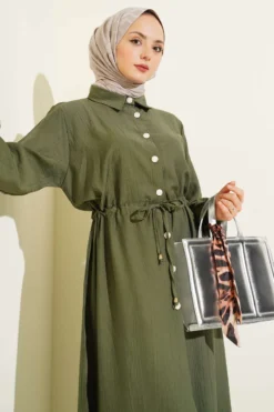 Belted Tunic with Buttons Long Two-Piece Set Khaki wholesale clothing set view 2 - Hicabistan Turkey factory