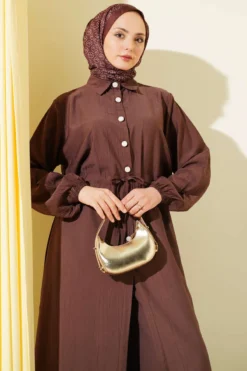 Belted Tunic with Buttons Long Two-Piece Set Brown wholesale clothing set view 2 - Hicabistan Turkey factory