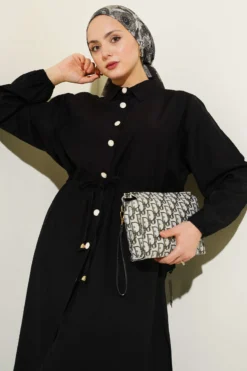 Belted Tunic with Buttons Long Two-Piece Set Black wholesale clothing set view 2 - Hicabistan Turkey factory