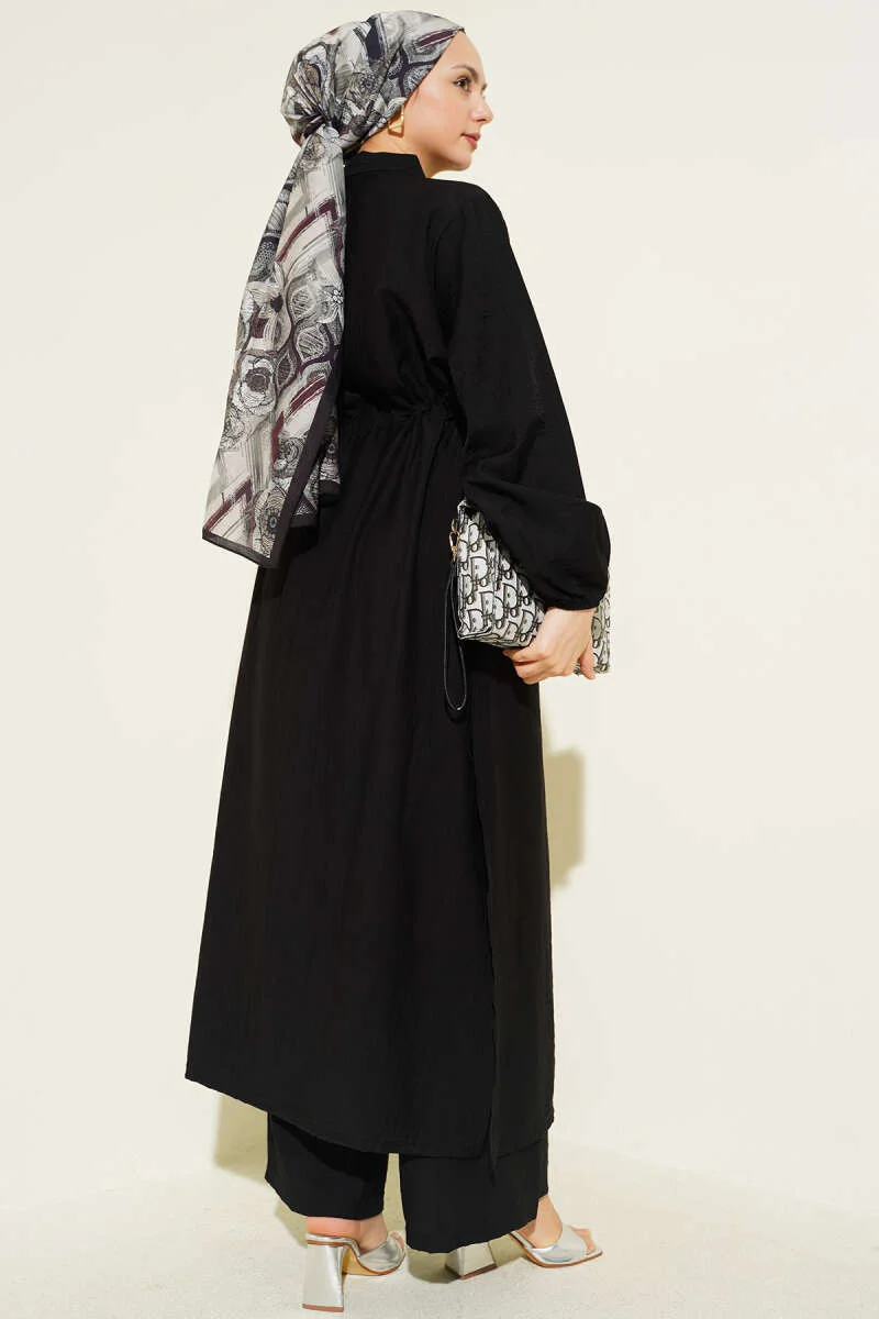Belted Tunic with Buttons Long Two-Piece Set Black wholesale clothing set view 3 - Hicabistan Turkey factory