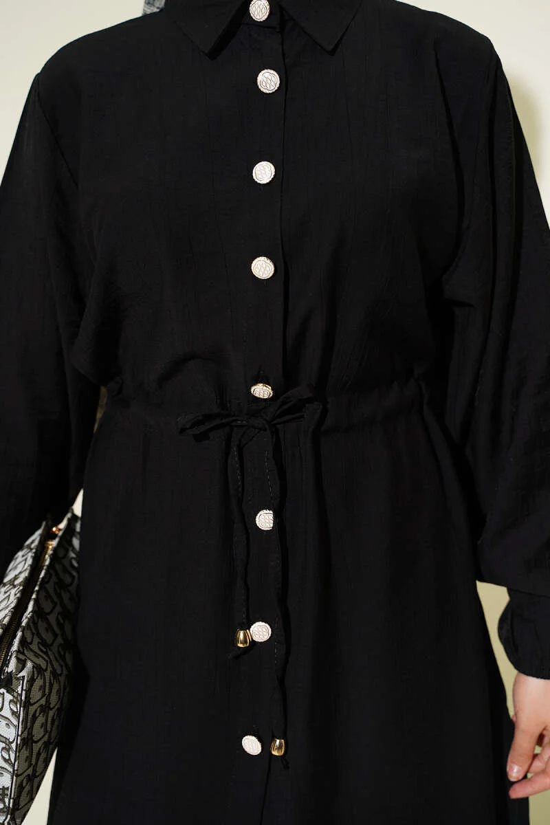 Belted Tunic with Buttons Long Two-Piece Set Black wholesale clothing set view 4 - Hicabistan Turkey factory