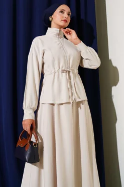 Belted Tulle Skirt Set Beige بالجملة clothing set view 2 - Hicabistan مصنع تركيا
