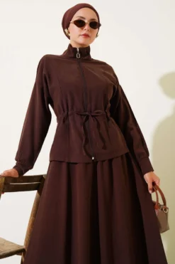 Belted Tulle Skirt Set Brown بالجملة clothing set view 2 - Hicabistan مصنع تركيا