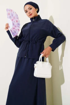 Belted Tulle Skirt Set Navy Blue بالجملة clothing set view 2 - Hicabistan مصنع تركيا
