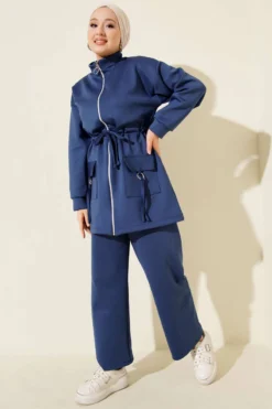 Belted Zippered Scuba Two-Piece Set Navy Blue