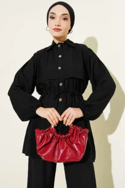 Belted Tunic Shirt Two-Piece Set Black wholesale clothing set view 2 - Hicabistan Turkey factory