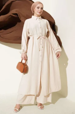 Belted Long Tunic Two-Piece Set Beige