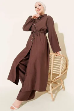 Belted Long Tunic Two-Piece Set Brown