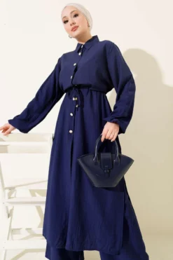 Belted Long Tunic Two-Piece Set Navy Blue