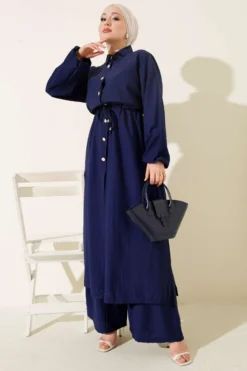 Alternative view of Belted Long Tunic Two-Piece Set Navy Blue