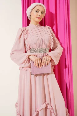 Vista alternativa di Embellished Ruffled Chiffon Evening Dress Powder Pink