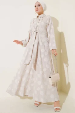 Polka Dot Half Button Dress Beige