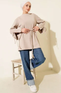 Vista alternativa di Ankle Tie Ribbed Cashmere Tunic Beige
