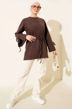 Vista alternativa di Ankle Tie Ribbed Cashmere Tunic Brown