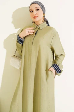 Ankle Striped Half Buttoned Dress Großhandel dress view 2 - Hicabistan Türkei Fabrik