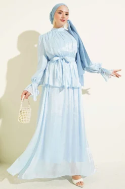 Ankle Elastic Skirt Evening Dress Set Baby Blue