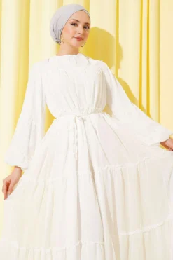 Ankle Elastic Tiered Chiffon Dress Ecru Großhandel dress view 2 - Hicabistan Türkei Fabrik