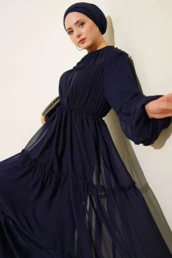 Ankle Elastic Tiered Chiffon Dress Navy Blue Großhandel dress view 2 - Hicabistan Türkei Fabrik