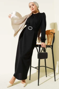 Ankle Feathered Belted Evening Dress Black al por mayor dress - Hicabistan fábrica Turquía