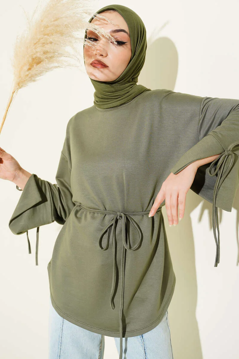 Ankle Slit Tied Tunic Khaki