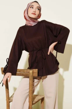 Ankle Slit Tied Tunic Brown