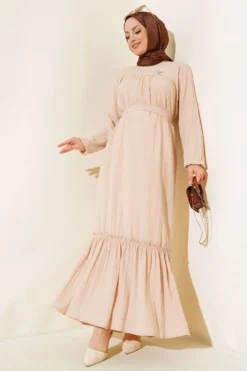 Elastic Cuffed Belted Dress Beige