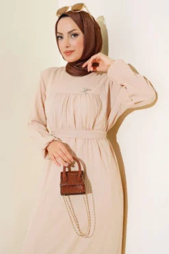Alternative view of Elastic Cuffed Belted Dress Beige