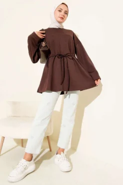 Vue alternative de Bicycle Neck Tunic with Tie Belt Brown