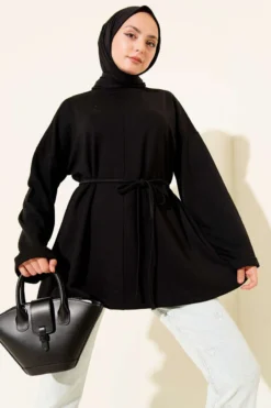Bicycle Neck Tunic with Tie Belt Black