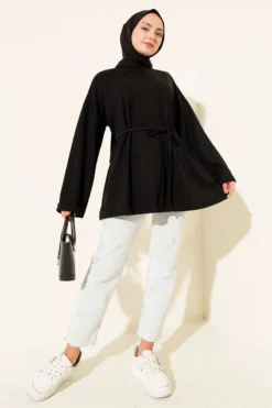 Vue alternative de Bicycle Neck Tunic with Tie Belt Black