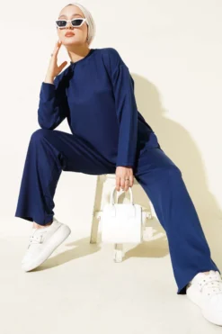 Bicycle Neck Oval Detail Two-Piece Set Navy Blue all'ingrosso clothing set view 2 - Hicabistan fabbrica Turchia