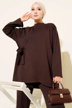 Crew Neck Side Tied Two-Piece Set Brown wholesale clothing set view 2 - Hicabistan Turkey factory