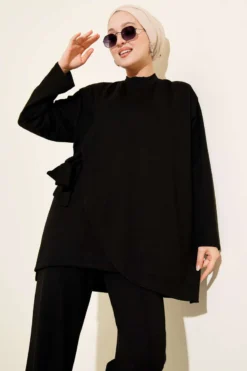Crew Neck Side Tied Two-Piece Set Black wholesale clothing set view 2 - Hicabistan Turkey factory