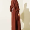 Trim Detail Rose Sashed Poplin Dress Brown al por mayor dress view 3 - Hicabistan fábrica Turquía