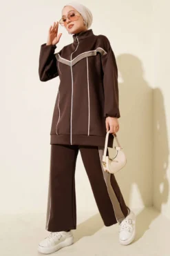 Piped Stripe Scuba Two-Piece Set Brown